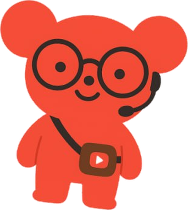 Pomio, the red bear mascot with glasses, headset and a YouTube bag