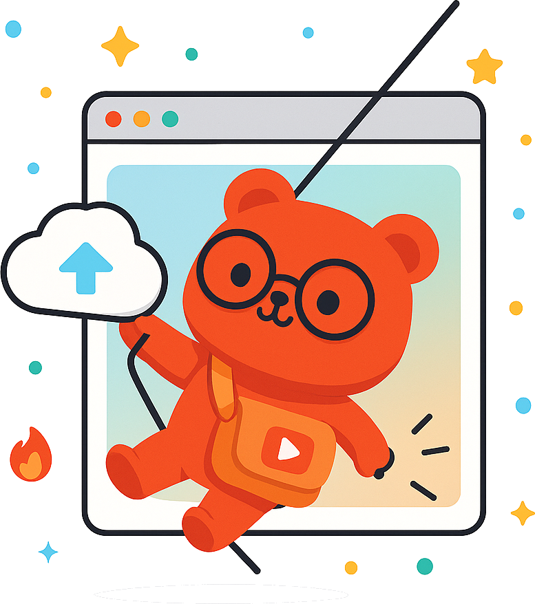 Pomio the bear swinging into a browser window holding an upload cloud